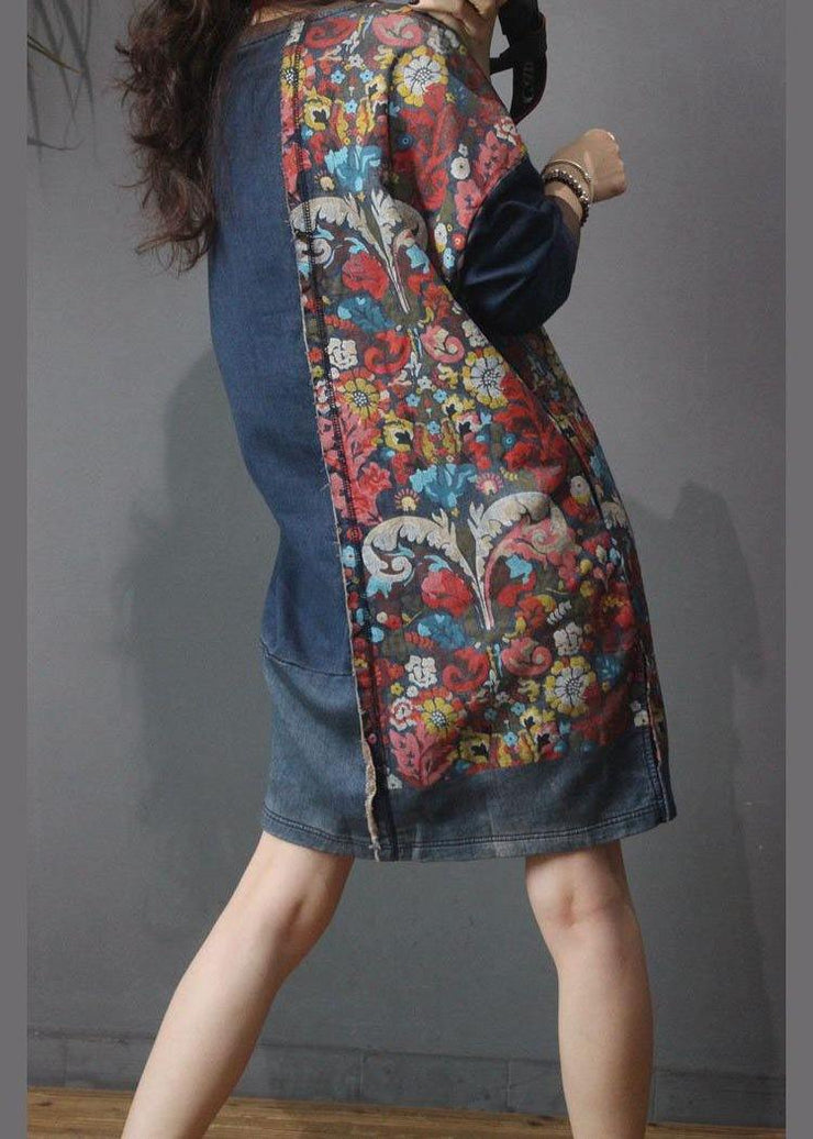 Women Denim Patchwork Cotton Dress Print Summer Long Dress - SooLinen