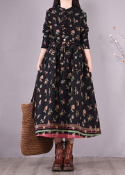 Women Drawstring Spring Tunics Black Print Art Dresses - SooLinen