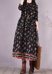 Women Drawstring Spring Tunics Black Print Art Dresses - SooLinen