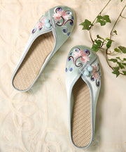 Women Green Embroideried Button Cotton Fabric Slide Sandals