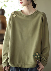 Women Green Embroideried Floral Cotton Loose Sweatshirt Spring