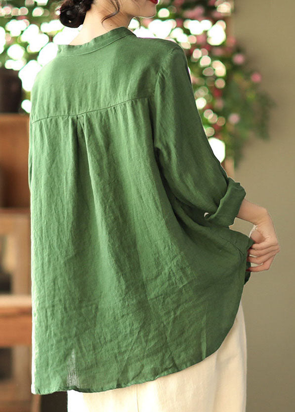 Women Green Embroideried asymmetrical design Linen Shirts Spring