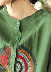 Women Green Embroideried asymmetrical design Linen Shirts Spring