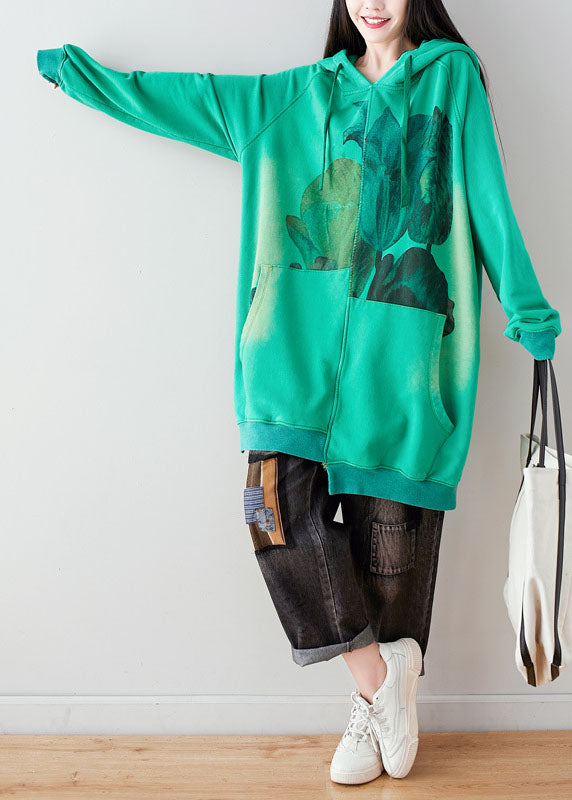 Women Green Hooded drawstring pockets asymmetrical design Print Sweatshirt dresses Spring