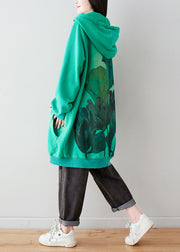 Women Green Hooded drawstring pockets asymmetrical design Print Sweatshirt dresses Spring