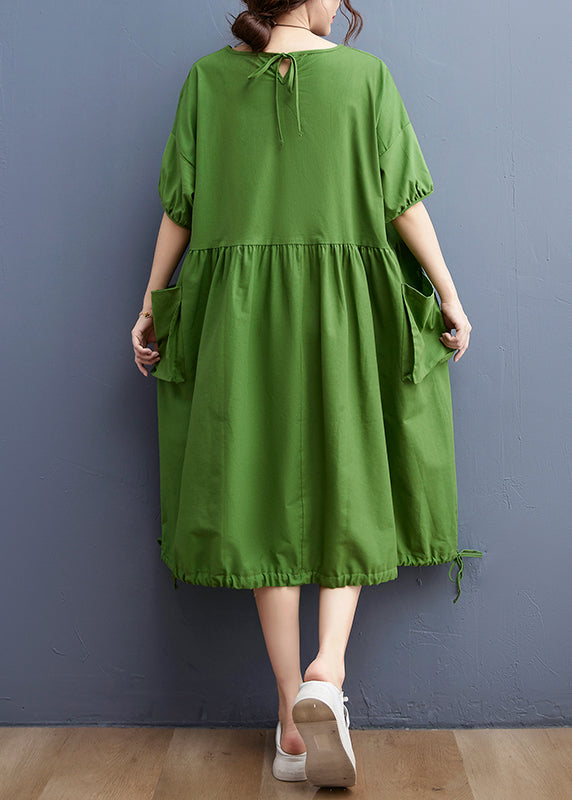 Women Green O-Neck Cinched drawstring pocket Vacation Dresses Short Sleeve