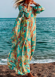 Women Green Oversized Print Cotton Loose Beach Dresses Long Sleeve