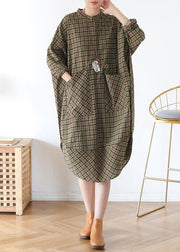 Women Green Plaid Long Shirt Mid Spring Cotton Dress - SooLinen