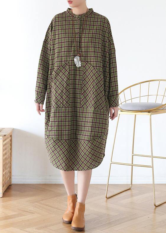 Women Green Plaid Long Shirt Mid Spring Cotton Dress - SooLinen