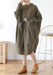 Women Green Plaid Long Shirt Mid Spring Cotton Dress - SooLinen