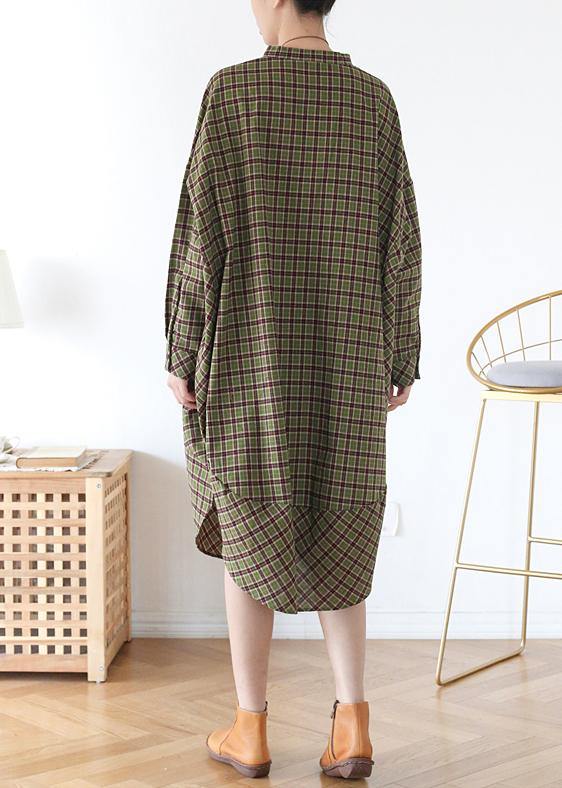 Women Green Plaid Long Shirt Mid Spring Cotton Dress - SooLinen