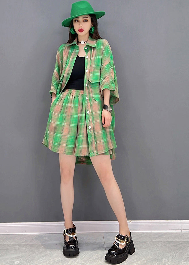 Women Green Plaid Pockets Cotton Linen Loose Shirt And Shorts Two Pieces Set Summer