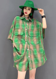 Women Green Plaid Pockets Cotton Linen Loose Shirt And Shorts Two Pieces Set Summer