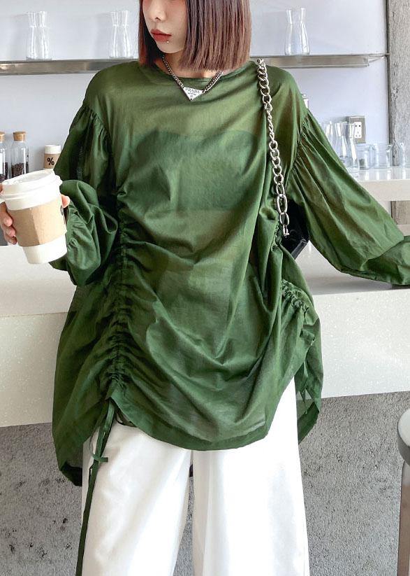 Women Green Pockets drawstring Long sleeve Summer Tops - SooLinen