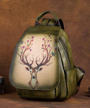 Women Green Print Paitings Calf Leather Backpack Bag