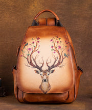 Women Green Print Paitings Calf Leather Backpack Bag