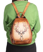 Women Green Print Paitings Calf Leather Backpack Bag