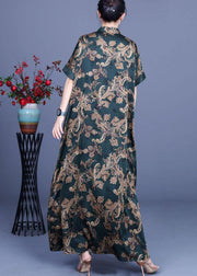 Women Green Print Silk Oriental Vacation Dresses Summer - SooLinen