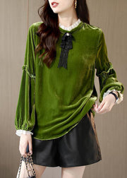 Women Yellow Ruffled Patchwork Velour Shirt Top Spring