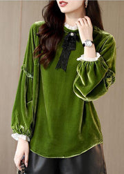 Women Yellow Ruffled Patchwork Velour Shirt Top Spring