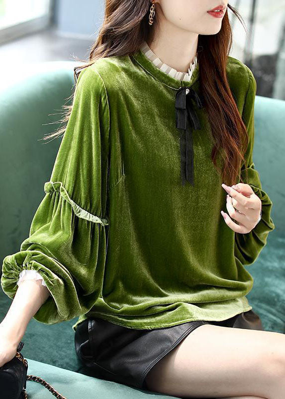 Women Yellow Ruffled Patchwork Velour Shirt Top Spring