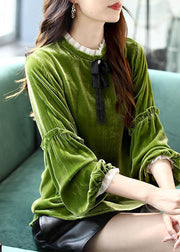 Women Yellow Ruffled Patchwork Velour Shirt Top Spring