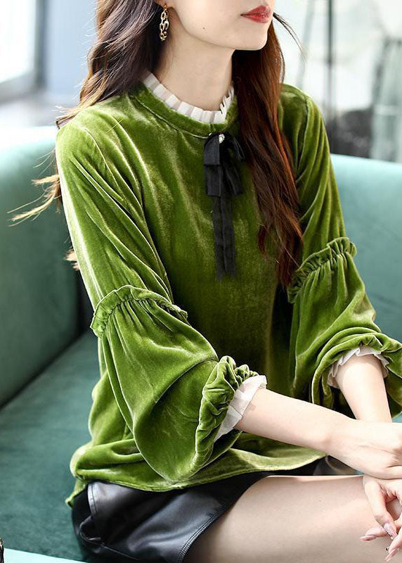 Women Purple Ruffled Patchwork Velour Shirt Top Spring