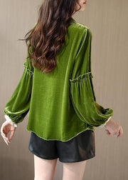 Women Purple Ruffled Patchwork Velour Shirt Top Spring