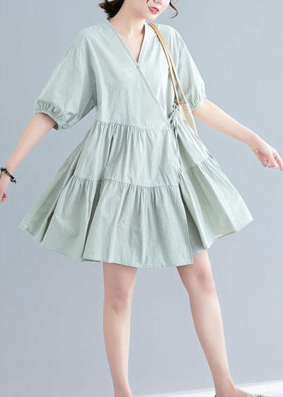 Women Green Short Sleeve A Line Dress Cotton - SooLinen