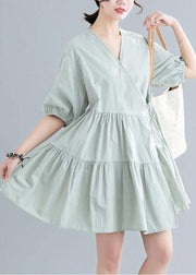 Women Green Short Sleeve A Line Dress Cotton - SooLinen