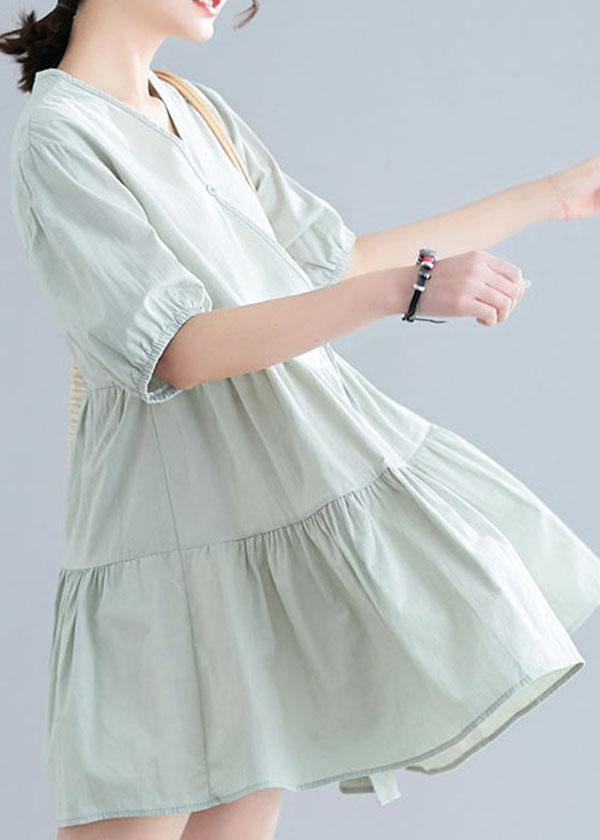 Women Green Short Sleeve A Line Dress Cotton - SooLinen