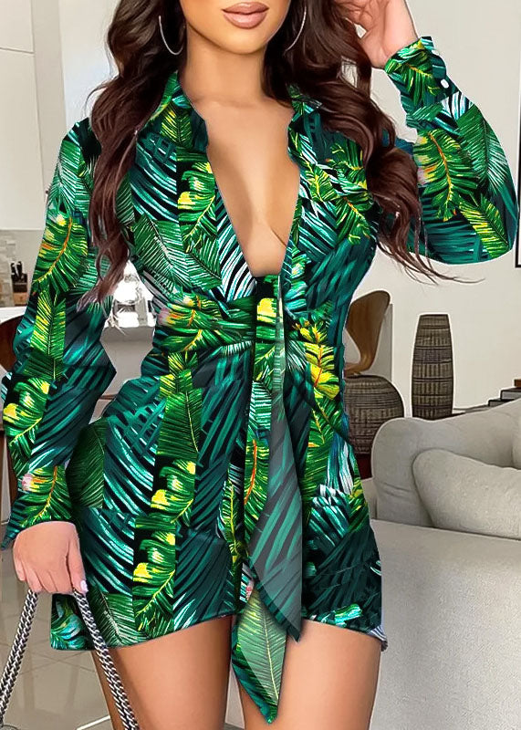 Women Green Slim Fit V Neck Print Sexy Dresses Long Sleeve