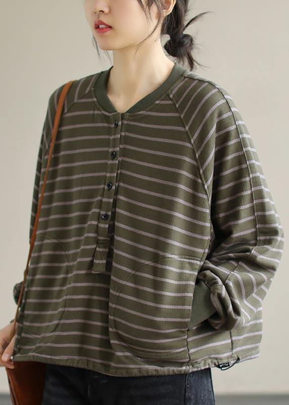 Women Green Striped Tops Women Blouses O Neck Plus Size Clothing Spring Shirt - SooLinen