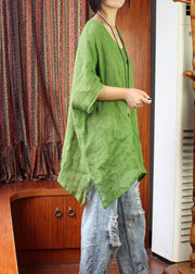 Women Green U Neck Linen Summer Shirt Tops - SooLinen