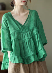 Women Green V Neck Patchwork Linen Tops Half Sleeve