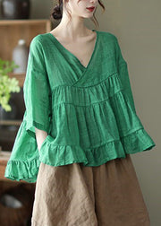 Women Green V Neck Patchwork Linen Tops Half Sleeve