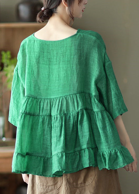 Women Green V Neck Patchwork Linen Tops Half Sleeve