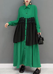 Women Green button Peter Pan Collar lace Patchwork shirt Dress spring