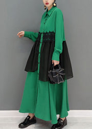 Women Green button Peter Pan Collar lace Patchwork shirt Dress spring