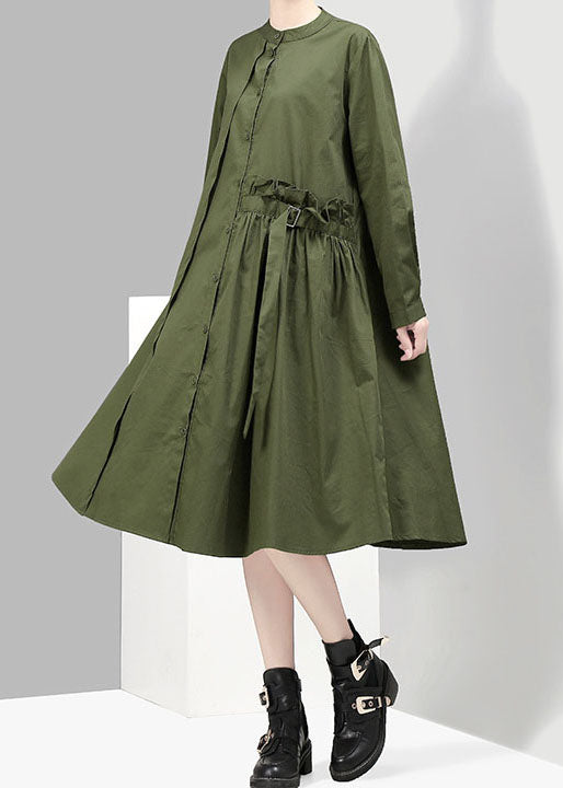 Women Green button asymmetrical design Stand Collar shirt Dresses Spring