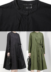 Women Green button asymmetrical design Stand Collar shirt Dresses Spring