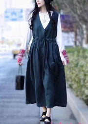 Women Green tie waist V Neck Linen Vacation Dresses Spring