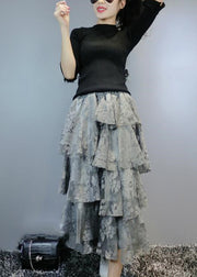 Women Grey Asymmetrical fashion Lace Skirt Spring