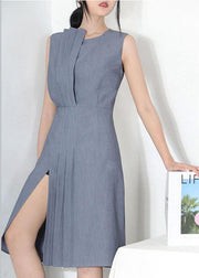 Women Grey Patchwork Cotton asymmetrical design Dresses - SooLinen