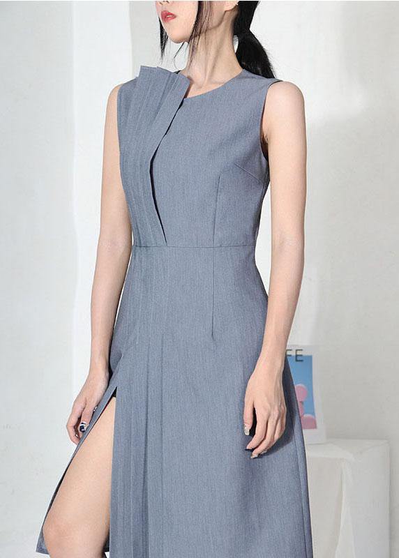 Women Grey Patchwork Cotton asymmetrical design Dresses - SooLinen