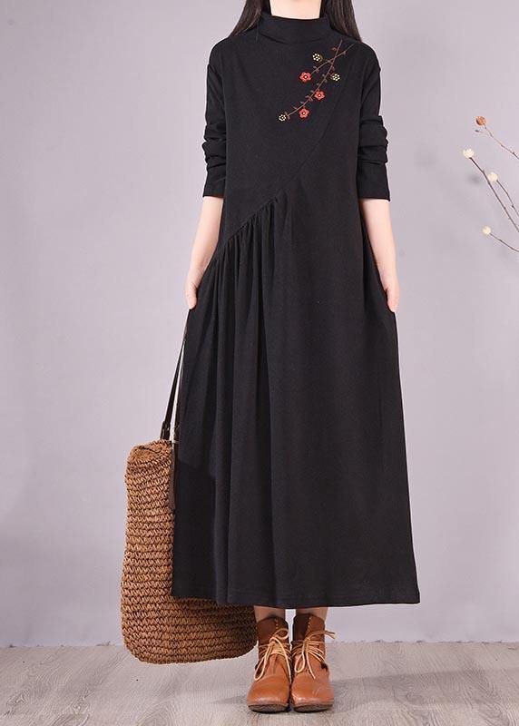 Women High Neck Cinched Spring Clothes Tutorials Black Embroidery Long Dresses - SooLinen