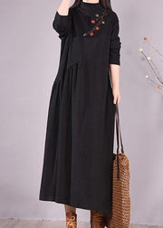 Women High Neck Cinched Spring Clothes Tutorials Black Embroidery Long Dresses - SooLinen