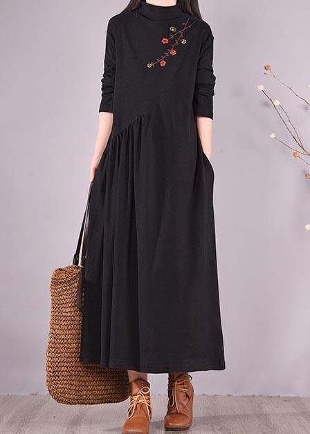 Women High Neck Cinched Spring Clothes Tutorials Black Embroidery Long Dresses - SooLinen