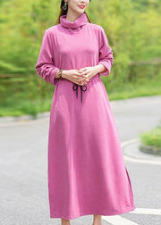 Women High Neck Drawstring Spring Tunics Design Pink Robe Dress - SooLinen