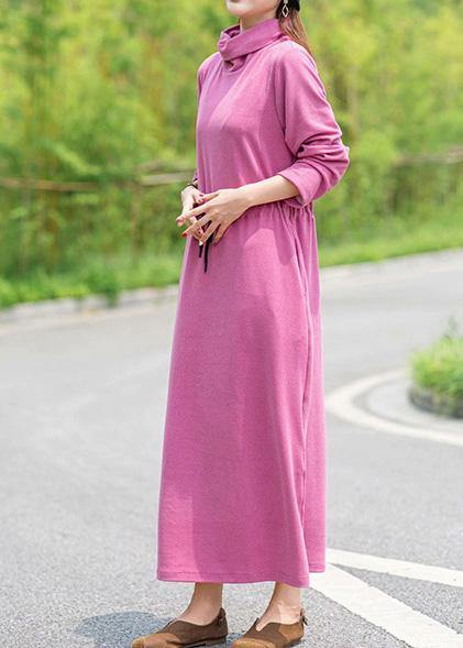 Women High Neck Drawstring Spring Tunics Design Pink Robe Dress - SooLinen